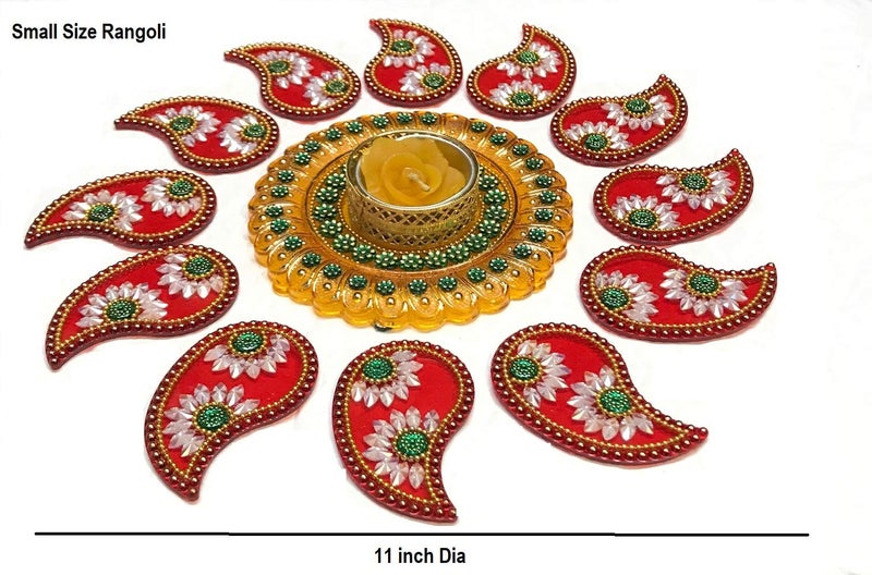 Moira® Rangoli with Diya 10 inch Dia Small Size (Yellow & Red) Reusable - Image 2