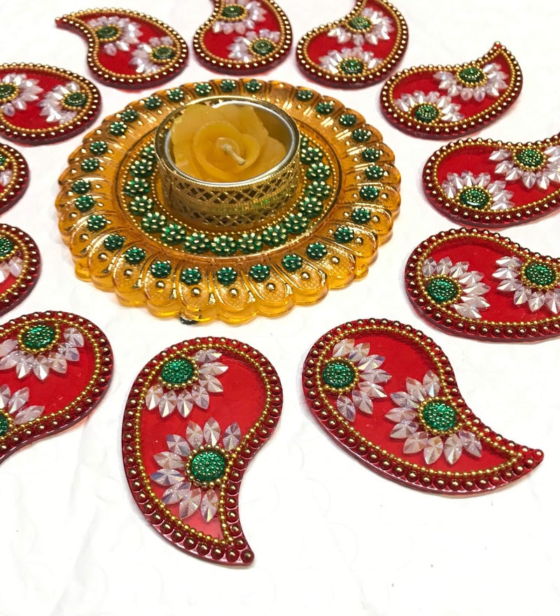 Moira® Rangoli with Diya 10 inch Dia Small Size (Yellow & Red) Reusable - Image 5