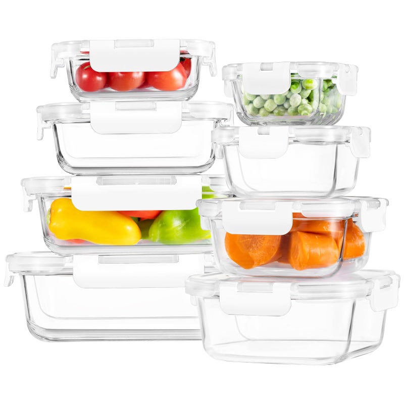HOMBERKING 8 Pack Glass Food Storage Containers with Lids, Meal Prep Containers, Airtight Bento Boxes with Leak Proof Locking for Microwave, Oven, Freezer and Dishwasher, BPA Free, 5-35oz, white - Image 1