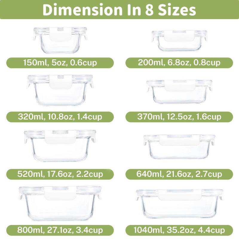 HOMBERKING 8 Pack Glass Food Storage Containers with Lids, Meal Prep Containers, Airtight Bento Boxes with Leak Proof Locking for Microwave, Oven, Freezer and Dishwasher, BPA Free, 5-35oz, white - Image 2