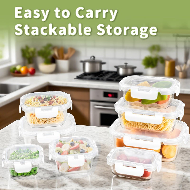 HOMBERKING 8 Pack Glass Food Storage Containers with Lids, Meal Prep Containers, Airtight Bento Boxes with Leak Proof Locking for Microwave, Oven, Freezer and Dishwasher, BPA Free, 5-35oz, white - Image 3