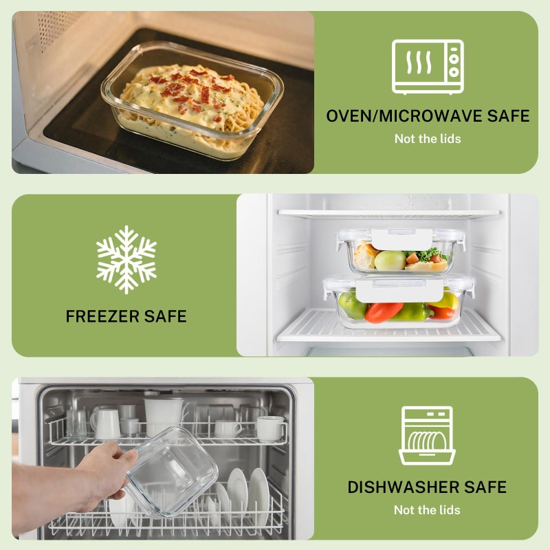 HOMBERKING 8 Pack Glass Food Storage Containers with Lids, Meal Prep Containers, Airtight Bento Boxes with Leak Proof Locking for Microwave, Oven, Freezer and Dishwasher, BPA Free, 5-35oz, white - Image 4