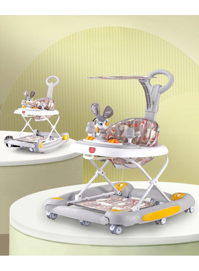 PlayNation Play Nation 2 In 1 Bunny & Unicorn Foldable Baby Walker & Rocker, With Parental Handle, Upper Sun Shade, Removable Foot Mat, 6 Months+, 70 x 65 x 80cm - Grey - Image 1