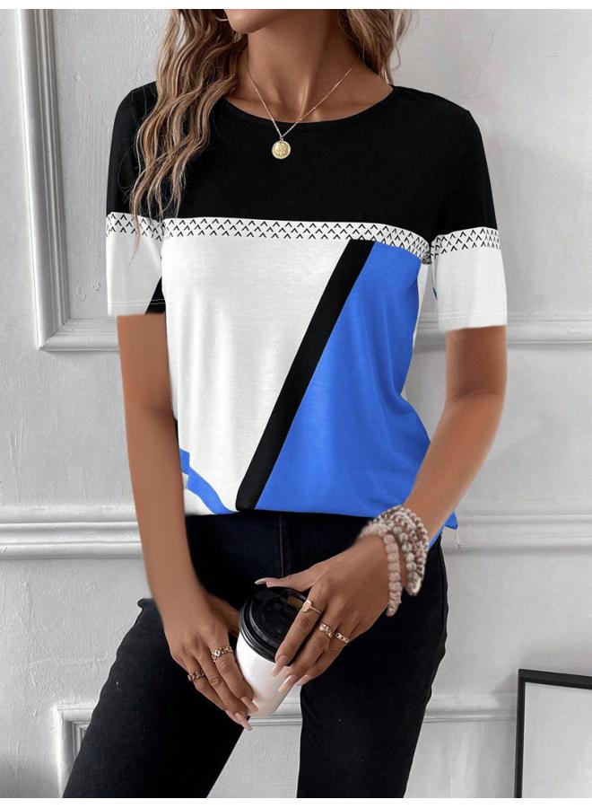 Summer New European And American Women's Wear Temu Hot Round Neck Geometric Printed Short-sleeved Women's T-shirt