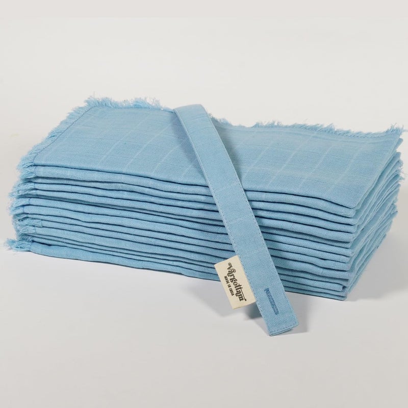 Vargottam 100% Cotton Muslin Cloth Napkins – Set of 12 | 20"x20" Reusable Table Cloth with Fringed Edges & Self-Check Texture | Solid Color Table Napkins for Weddings, Parties & Daily Use - Blue - Image 2