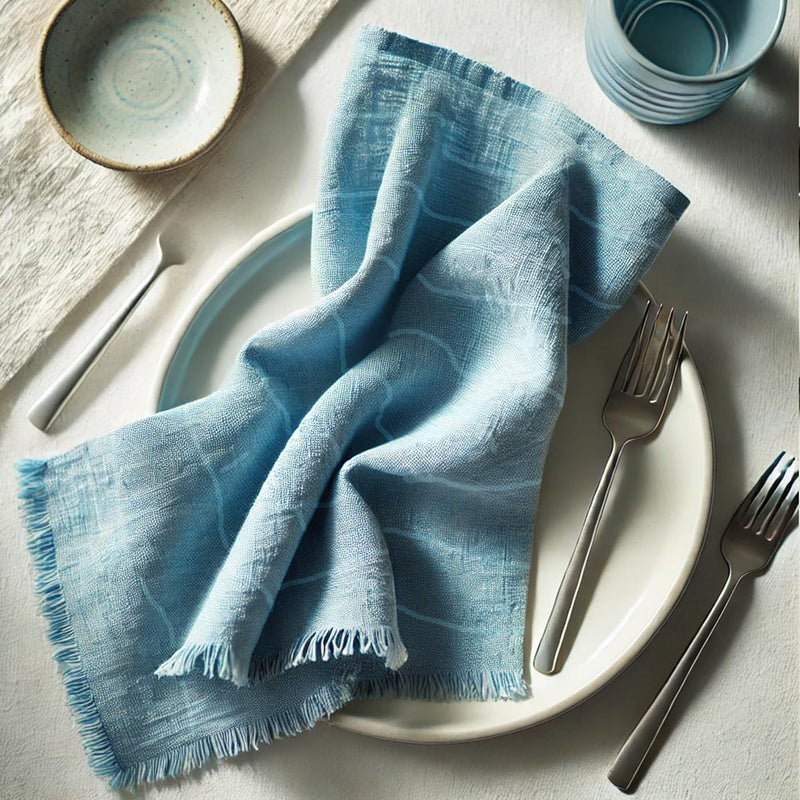 Vargottam 100% Cotton Muslin Cloth Napkins – Set of 12 | 20"x20" Reusable Table Cloth with Fringed Edges & Self-Check Texture | Solid Color Table Napkins for Weddings, Parties & Daily Use - Blue - Image 1