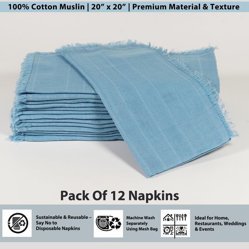 Vargottam 100% Cotton Muslin Cloth Napkins – Set of 12 | 20"x20" Reusable Table Cloth with Fringed Edges & Self-Check Texture | Solid Color Table Napkins for Weddings, Parties & Daily Use - Blue - Image 5
