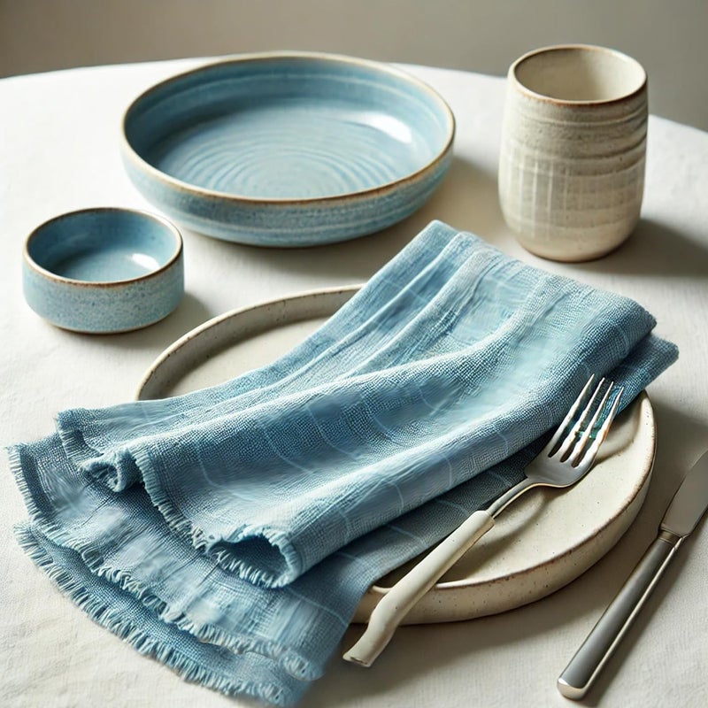 Vargottam 100% Cotton Muslin Cloth Napkins – Set of 12 | 20"x20" Reusable Table Cloth with Fringed Edges & Self-Check Texture | Solid Color Table Napkins for Weddings, Parties & Daily Use - Blue - Image 3
