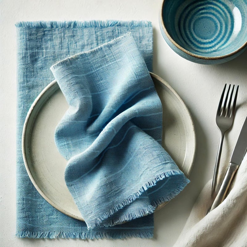 Vargottam 100% Cotton Muslin Cloth Napkins – Set of 12 | 20"x20" Reusable Table Cloth with Fringed Edges & Self-Check Texture | Solid Color Table Napkins for Weddings, Parties & Daily Use - Blue - Image 4