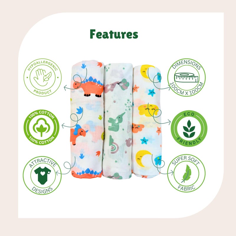 TEETAR Muslin Swaddle Wraps for Newborns - Pack of 3, 100x100 cm - Ultra-Soft, Breathable 100% Cotton - Multipurpose Baby Blankets for 0-18 Months - Unisex Essentials - Image 5