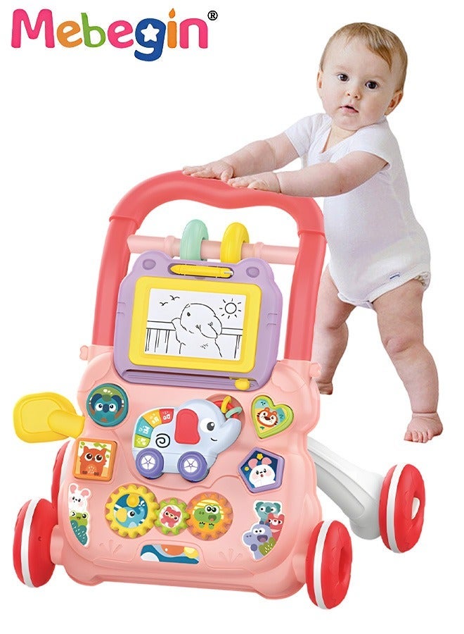 MEBEGIN 2 in 1 Baby Walker with Fun-filled Activity Panel, Multifunctional Push Along Walker with Drawing Board, Music Walker for Toddler, Early Educational Child Activity Center, Ideal Support for Babies' First Steps, 2 AAA Batteries(Not Included), 40*32*40.5cm - Image 1