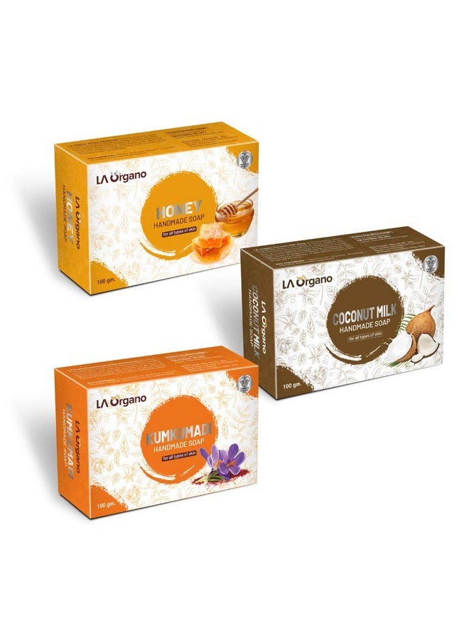 LA Organo LA Organo Handmade Honey, Coconut Milk & Kumkumadi Bath Soap (100g each, Pack Of 3)  - Image 1