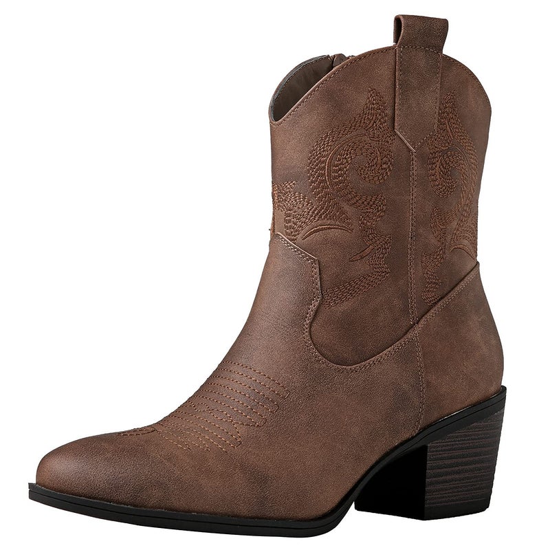 GLOBALWIN Women's Camel Cowgirl Boots Ankle To Mid Calf Fashion Western Cowboy Boots For Women Chunky Low Heel Size 8.5M - Image 1