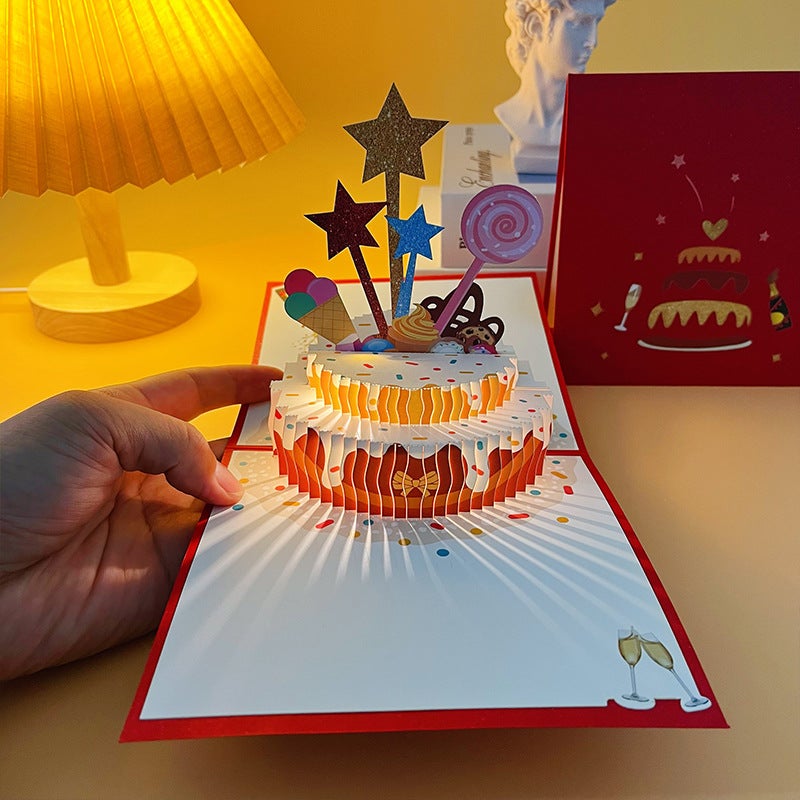 Birthday Greeting Card Three-Dimensional Cake 3D Music Advanced Sense Luminous Sound For Boyfriend Girl Girlfriends Ins Style Star - Image 2