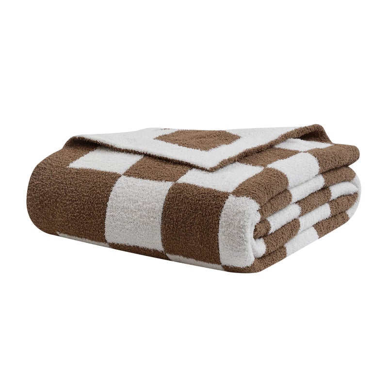 bearberry Fuzzy Checkerboard Grid Throw Blanket Soft Cozy Warm Microfiber All Season Blanket Decor for Couch Sofa Bed Travel Home Mocha 50x60