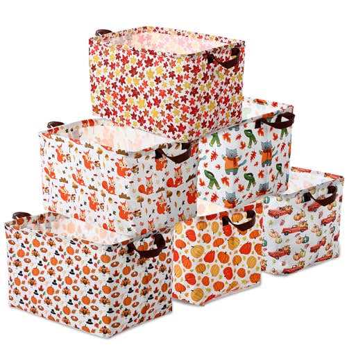 Vesici 6 Pack Thanksgiving Storage Basket for Gifts Fall Basket Farm Harvest Pumpkin Turkey Maple Leaf Storage Bins Foldable Laundry Box with Handle for Office Home Bedroom Clothes - Image 1