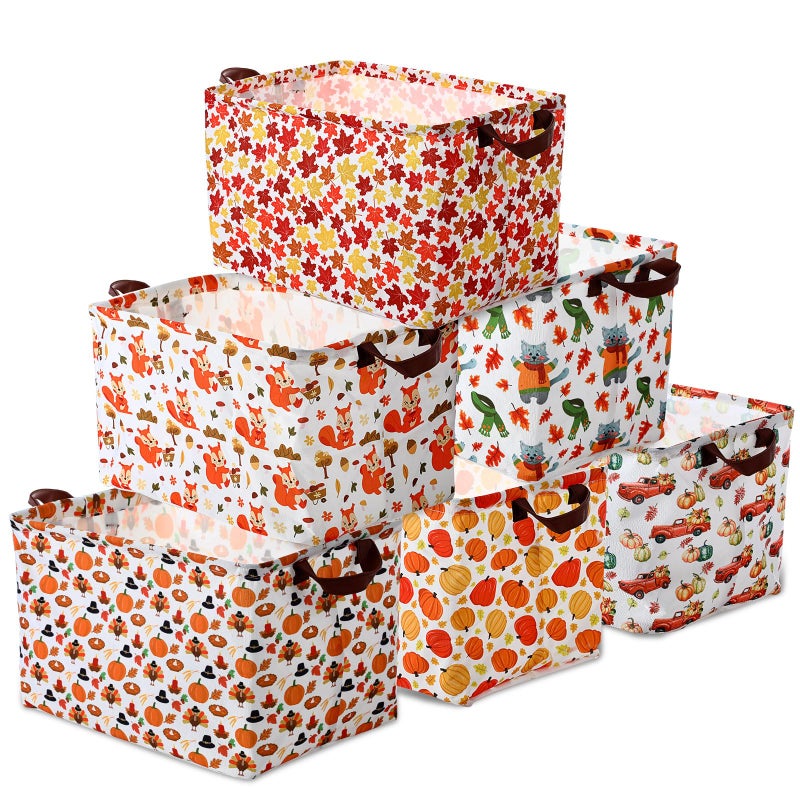 Vesici 6 Pack Thanksgiving Storage Basket for Gifts Fall Basket Farm Harvest Pumpkin Turkey Maple Leaf Storage Bins Foldable Laundry Box with Handle for Office Home Bedroom Clothes - Image 2