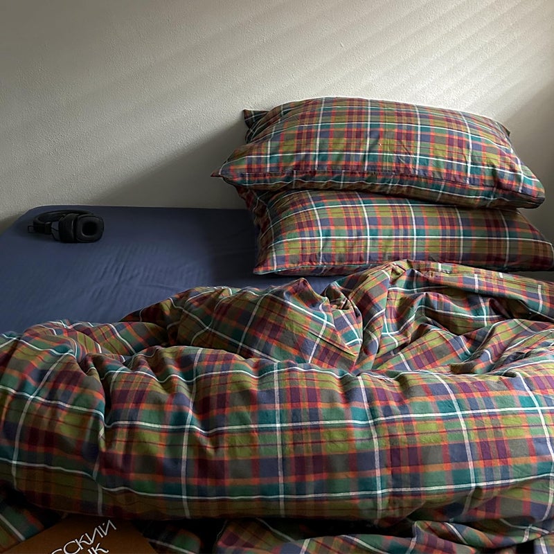 MKXI Buffalo Plaid Duvet Cover Set 3 Piece Vintage Bedding in Kelly Green, Navy & Red | 100% Washed Cotton Reversible Design with Zipper Closure & Corner Ties,Shabby Chic Aesthetic for Full - Image 4