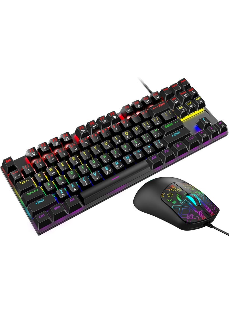 RGB English Arabic Gaming Keyboard and Mouse Combo, 87 Keys Mechanical Keyboard with LED Backlit, Quick Response USB Wired Keyboard with 7 Colors Mouse for Windows/MacOS/Android PC Gamers - Image 1