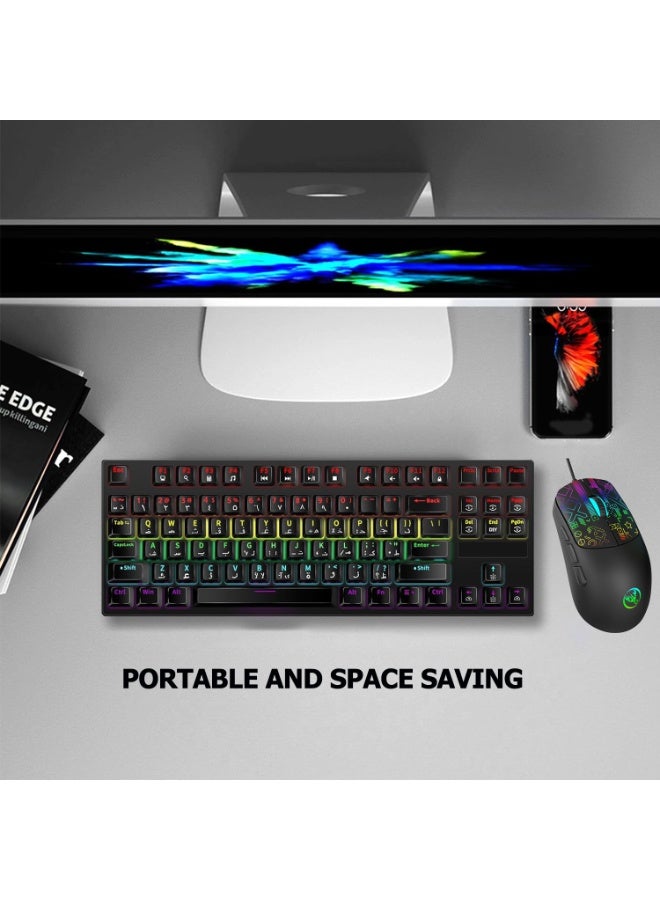 RGB English Arabic Gaming Keyboard and Mouse Combo, 87 Keys Mechanical Keyboard with LED Backlit, Quick Response USB Wired Keyboard with 7 Colors Mouse for Windows/MacOS/Android PC Gamers - Image 2