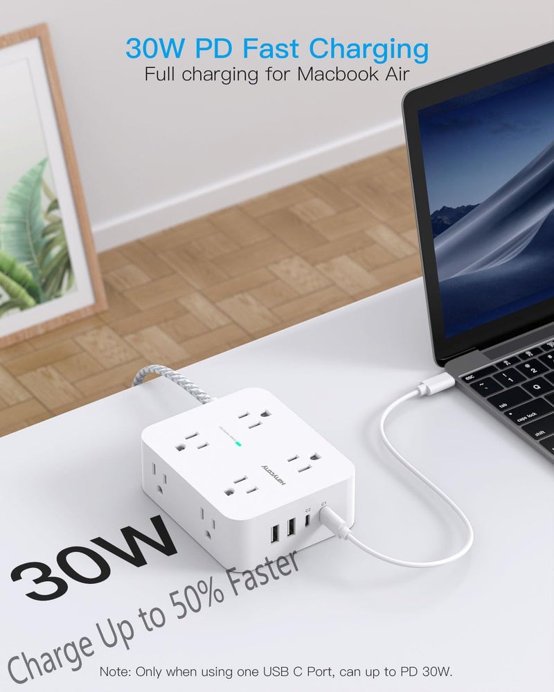 HANYCONY PD 30W USB C Power Strip Surge Protecor, HANYCONY 8 Outlets 4 USB(2 USB C Ports), 1080J Desk Charging Station for Multiple Devices, 6 Ft Flat Plug Extension Cord for College Dorm Room Essentials - Image 3