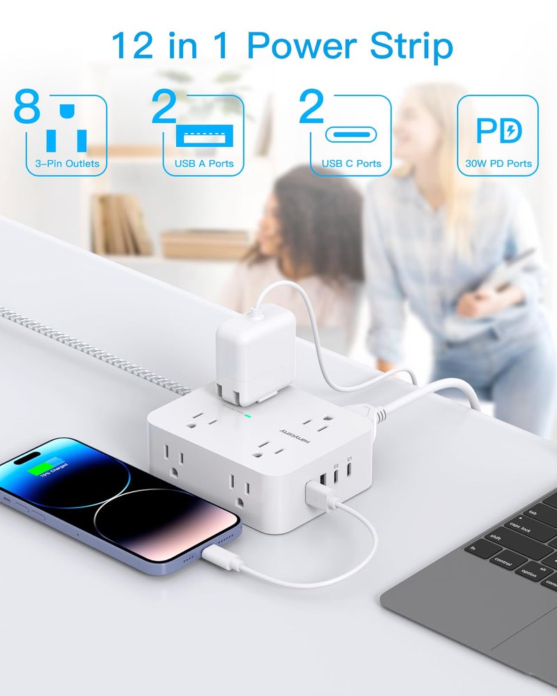HANYCONY PD 30W USB C Power Strip Surge Protecor, HANYCONY 8 Outlets 4 USB(2 USB C Ports), 1080J Desk Charging Station for Multiple Devices, 6 Ft Flat Plug Extension Cord for College Dorm Room Essentials - Image 2