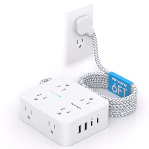 HANYCONY PD 30W USB C Power Strip Surge Protecor, HANYCONY 8 Outlets 4 USB(2 USB C Ports), 1080J Desk Charging Station for Multiple Devices, 6 Ft Flat Plug Extension Cord for College Dorm Room Essentials - Image 1