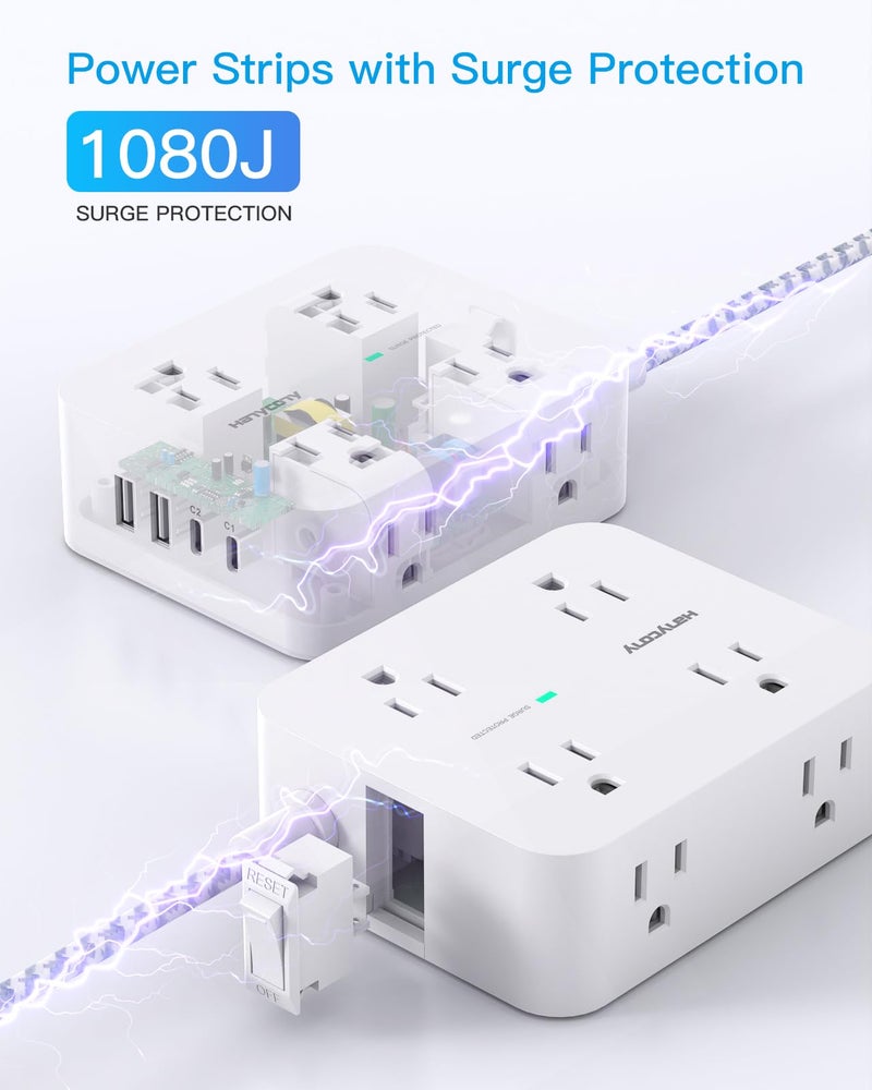 HANYCONY PD 30W USB C Power Strip Surge Protecor, HANYCONY 8 Outlets 4 USB(2 USB C Ports), 1080J Desk Charging Station for Multiple Devices, 6 Ft Flat Plug Extension Cord for College Dorm Room Essentials - Image 5