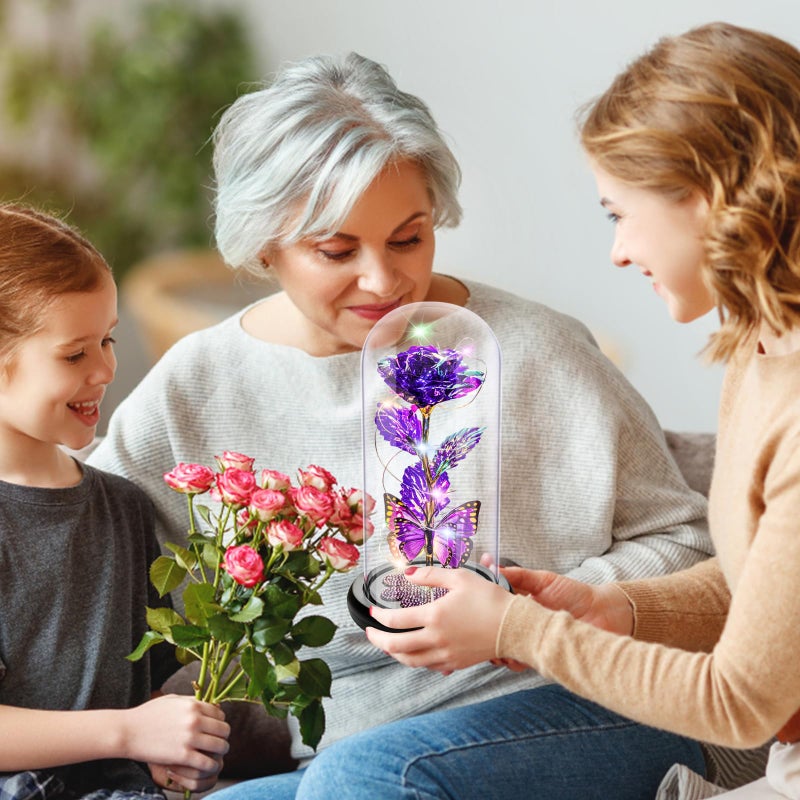 Pusuny Gifts for Women Birthday Gifts for Women  Galaxy Glass Rose Forever Eternal Crystal Flower Light Up Rose in Glass Dome with Butterfly for Her Mom Wife Friend Purple - Image 4