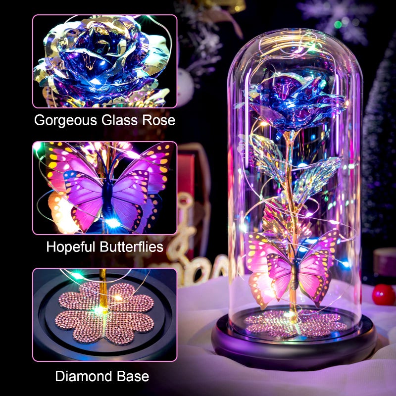 Pusuny Gifts for Women Birthday Gifts for Women  Galaxy Glass Rose Forever Eternal Crystal Flower Light Up Rose in Glass Dome with Butterfly for Her Mom Wife Friend Purple - Image 2