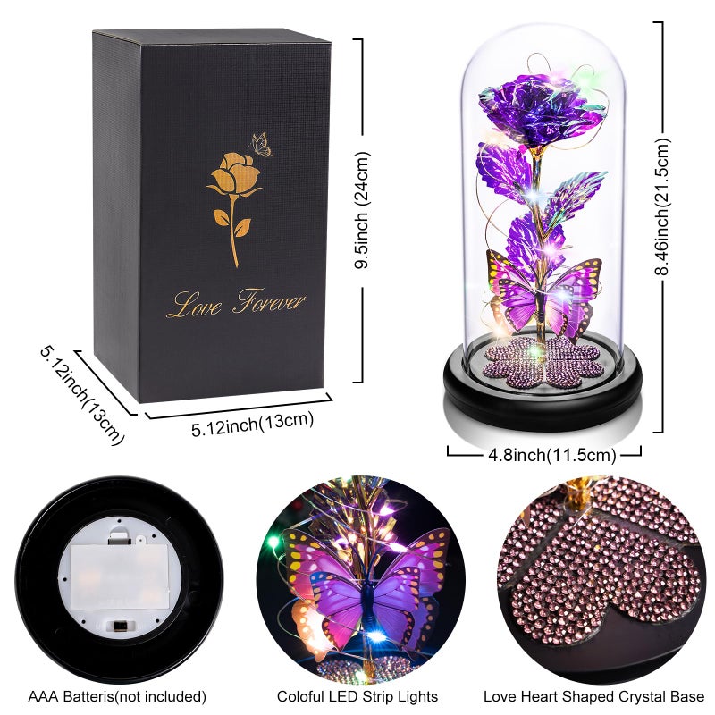 Pusuny Gifts for Women Birthday Gifts for Women  Galaxy Glass Rose Forever Eternal Crystal Flower Light Up Rose in Glass Dome with Butterfly for Her Mom Wife Friend Purple - Image 3