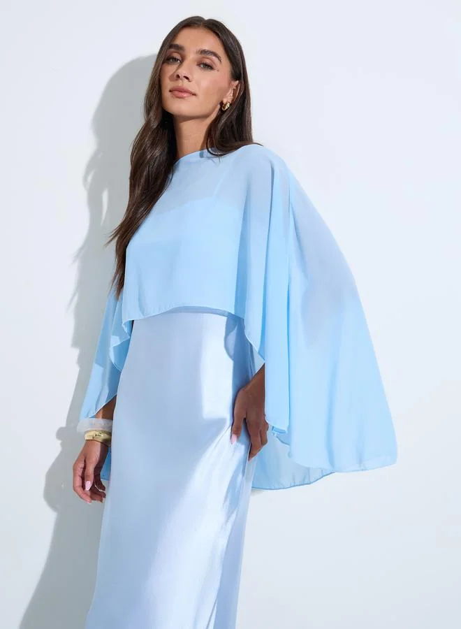 Styli Blue Solid Satin Strappy A-Line Midi Dress with Shawl