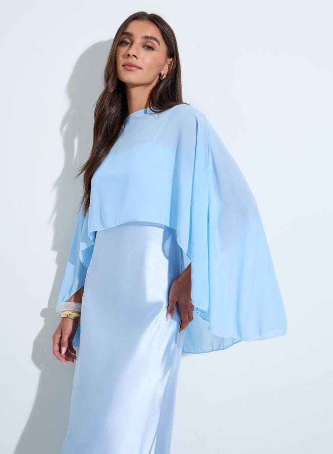 Styli Blue Solid Satin Strappy A-Line Midi Dress with Shawl - Image 2
