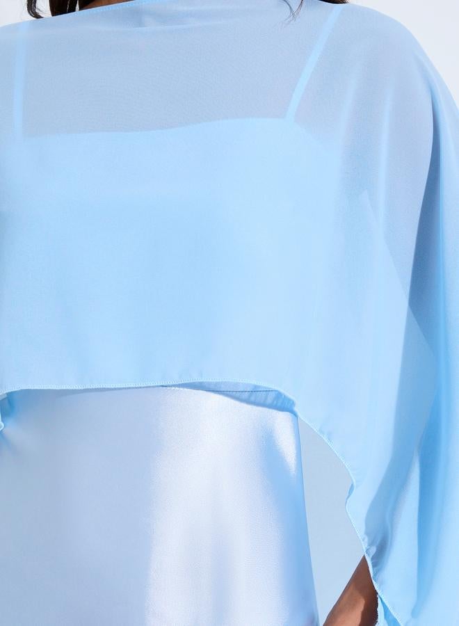 Styli Blue Solid Satin Strappy A-Line Midi Dress with Shawl - Image 4