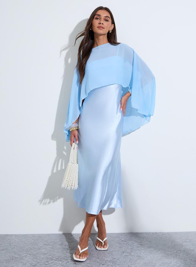 Styli Blue Solid Satin Strappy A-Line Midi Dress with Shawl - Image 1
