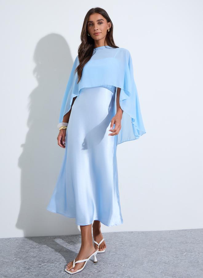 Styli Blue Solid Satin Strappy A-Line Midi Dress with Shawl - Image 3
