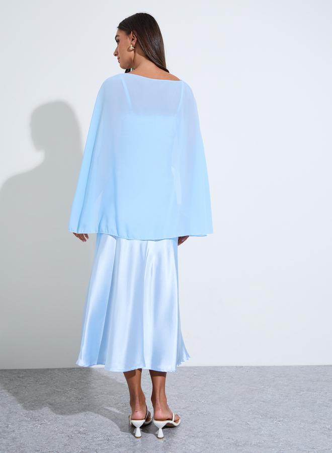 Styli Blue Solid Satin Strappy A-Line Midi Dress with Shawl - Image 5