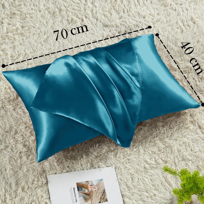 Vielit Set of 2 Satin Cushion Covers, 40 x 70 cm, Blue Green, Soft Similar to Silk Pillowcase 40 x 70 cm, Premiun Pillowcase 40 x 70 cm, Cushion Cover for Hair and Skin with 2 Hair Bobbles - Image 4