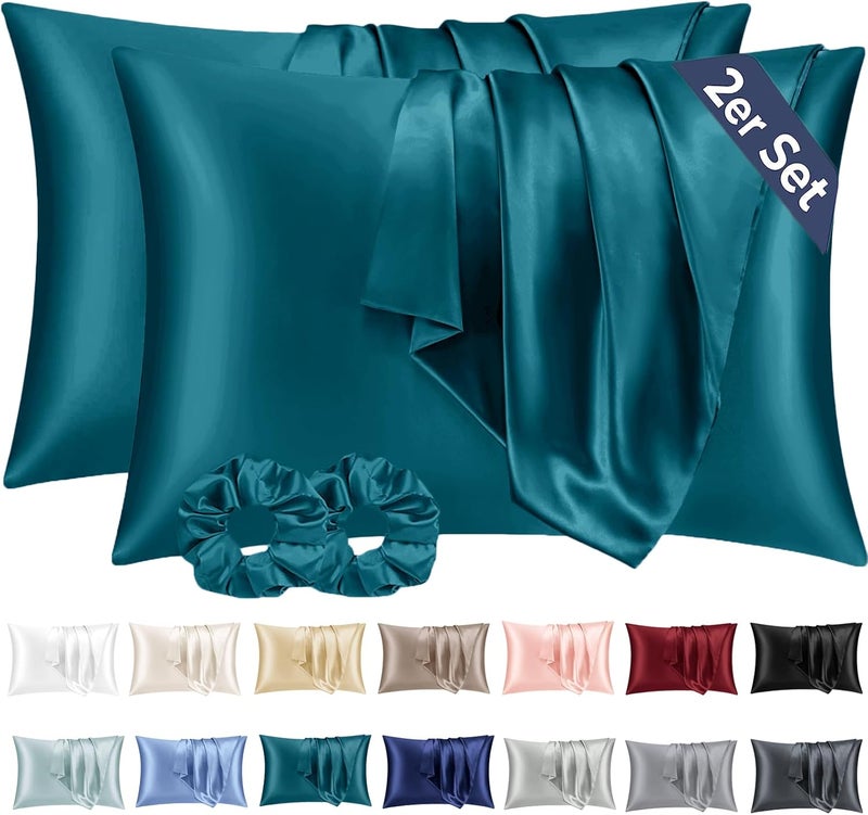 Vielit Set of 2 Satin Cushion Covers, 40 x 70 cm, Blue Green, Soft Similar to Silk Pillowcase 40 x 70 cm, Premiun Pillowcase 40 x 70 cm, Cushion Cover for Hair and Skin with 2 Hair Bobbles - Image 1