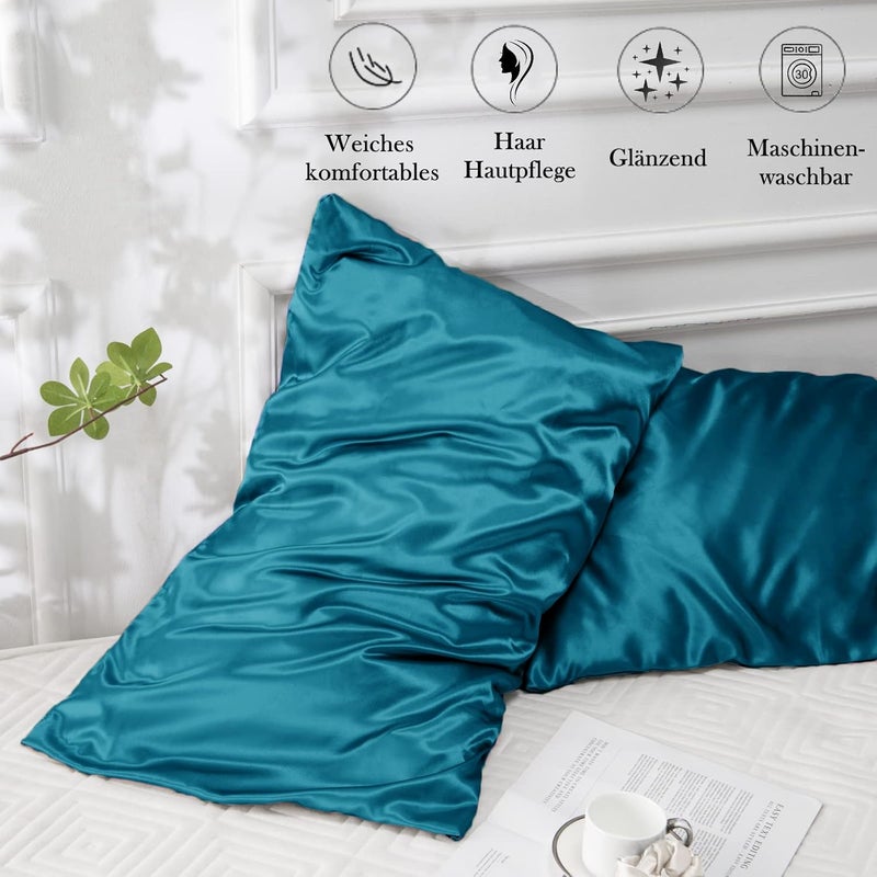 Vielit Set of 2 Satin Cushion Covers, 40 x 70 cm, Blue Green, Soft Similar to Silk Pillowcase 40 x 70 cm, Premiun Pillowcase 40 x 70 cm, Cushion Cover for Hair and Skin with 2 Hair Bobbles - Image 5