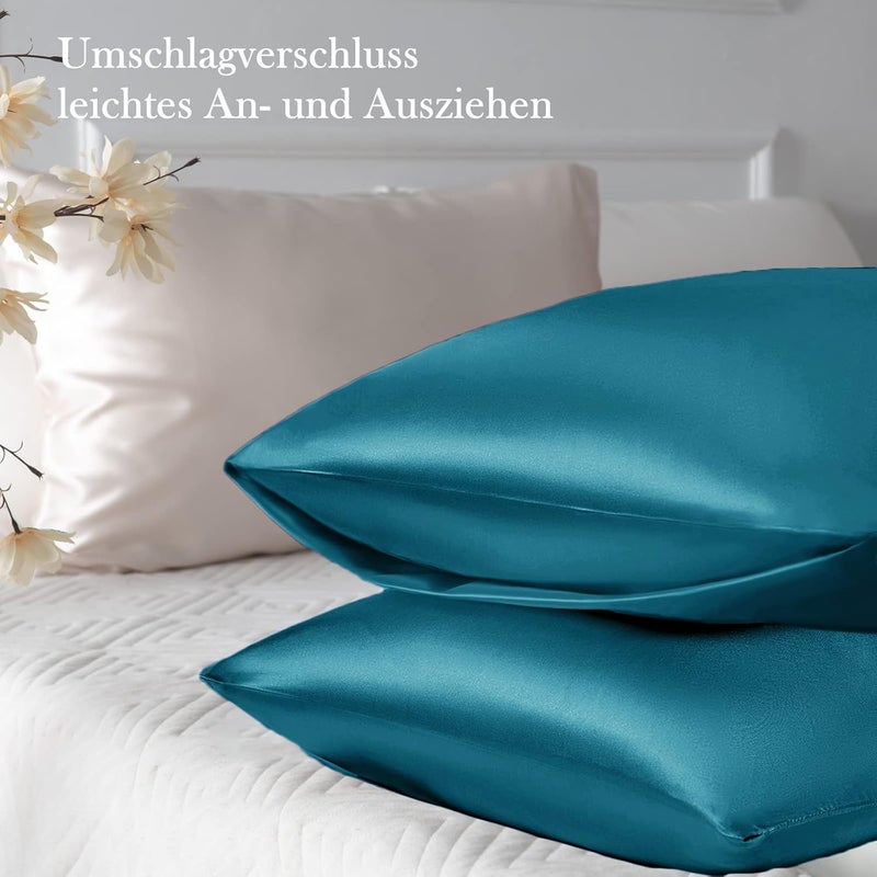 Vielit Set of 2 Satin Cushion Covers, 40 x 70 cm, Blue Green, Soft Similar to Silk Pillowcase 40 x 70 cm, Premiun Pillowcase 40 x 70 cm, Cushion Cover for Hair and Skin with 2 Hair Bobbles - Image 3