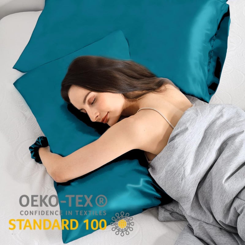 Vielit Set of 2 Satin Cushion Covers, 40 x 70 cm, Blue Green, Soft Similar to Silk Pillowcase 40 x 70 cm, Premiun Pillowcase 40 x 70 cm, Cushion Cover for Hair and Skin with 2 Hair Bobbles - Image 2