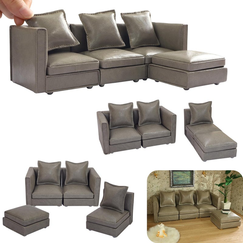 iLAND Dollhouse Furniture Miniature Sectional Couch Set for Doll House Dcor Fit 112 Scale Accessories Modern Gray Faux Leather Sofa Timeless Classic - Image 3
