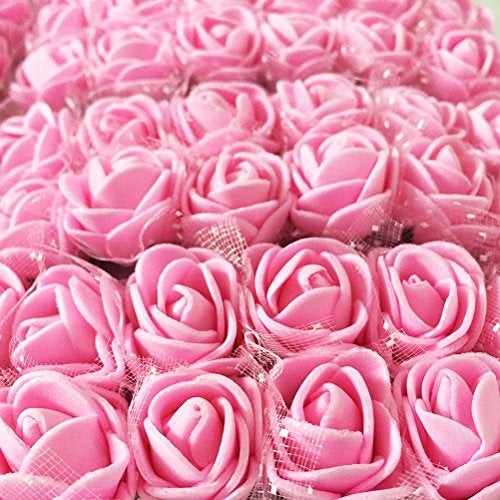 Artfen Mini Fake Rose Flower Heads 144pcs Mini Artificial Roses DIY Wedding Flowers Accessories Make Bridal Hair Clips Headbands Dress (Bottom add Gauze) Pink - Image 2