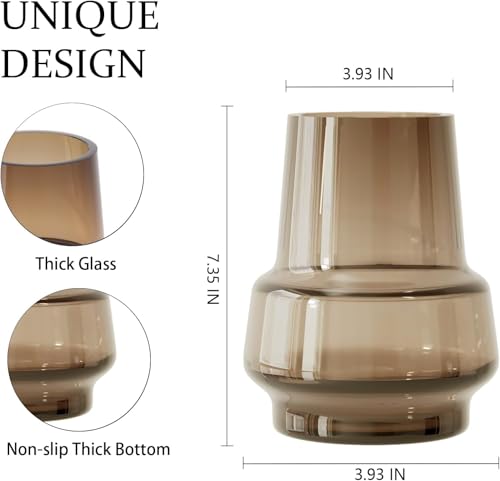 Relexome Amber Glass Vase Bud Flower Vase with Modern Design, Brown Wide Mouth Decorative Vase Gift for Home Decor, Living Room, Dining Table, Entryway, Shelf, Wedding, Office, 7.3 Inch (Amber) - Image 3