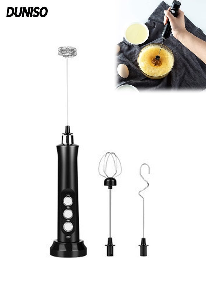 DUNISO 3 Spring Whisk Heads, Electric Milk Frother,Handheld Foam Maker Black with Stand,Egg Beater Drink Mixer,3 Speeds USB Rechargeable,Suitable for Coffee Latte Cappuccino Hot Chocolate - Image 1