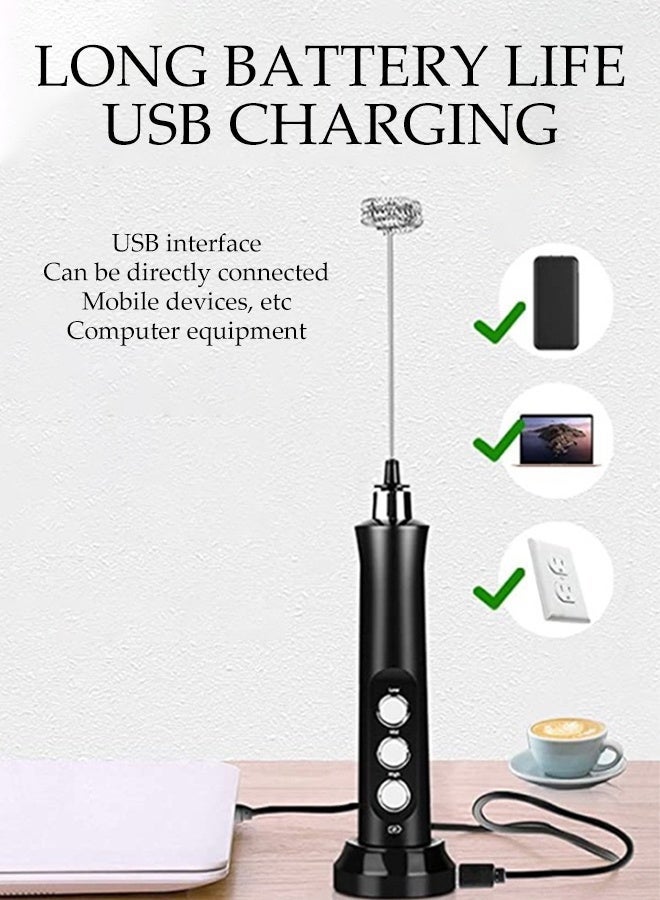 DUNISO 3 Spring Whisk Heads, Electric Milk Frother,Handheld Foam Maker Black with Stand,Egg Beater Drink Mixer,3 Speeds USB Rechargeable,Suitable for Coffee Latte Cappuccino Hot Chocolate - Image 5