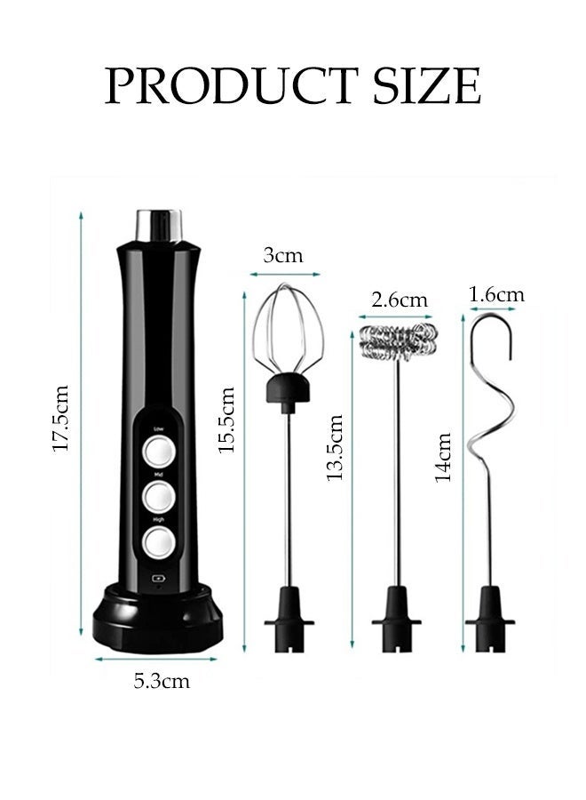 DUNISO 3 Spring Whisk Heads, Electric Milk Frother,Handheld Foam Maker Black with Stand,Egg Beater Drink Mixer,3 Speeds USB Rechargeable,Suitable for Coffee Latte Cappuccino Hot Chocolate - Image 2