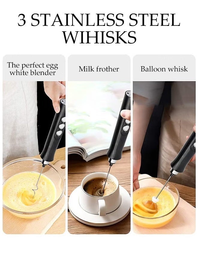 DUNISO 3 Spring Whisk Heads, Electric Milk Frother,Handheld Foam Maker Black with Stand,Egg Beater Drink Mixer,3 Speeds USB Rechargeable,Suitable for Coffee Latte Cappuccino Hot Chocolate - Image 4