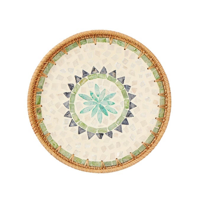 ROUND RATTAN TRAY WITH MOTHER OF PEARL INLAY RATTAN SERVING TRAY WITH WOODEN BASE DECORATIVE WICKER BASKET FOR TABLE DECOR STORAGE AND DISPLAY OF COFFEE BREAD FOOD FRUIT BOHEMIA